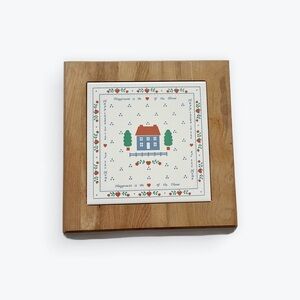 Ceramic Tile Trivet Hot Plate Wall Plaque House Cream Blue Cottagecore